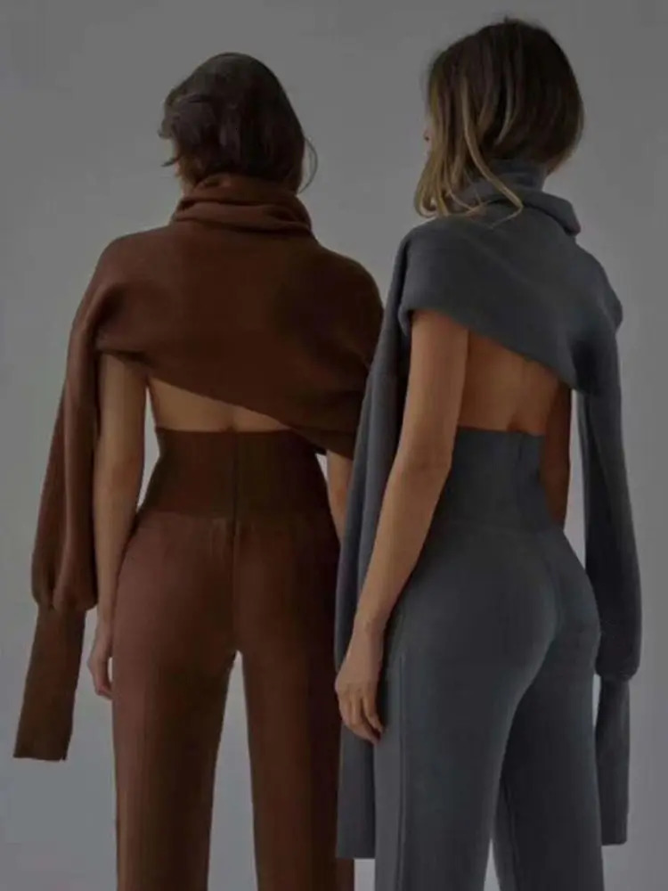 Turtleneck Sweater 2 Pieces Set Women Setchic Knitted Pullover Top Pants Jumper Tops Trousers Suit Winter 240712