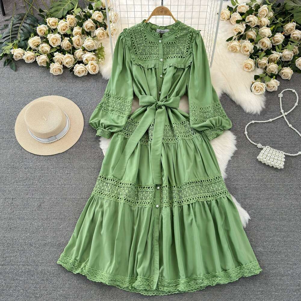 High End, Light Luxury, Socialite Temperament, Lantern Sleeves, Long Sleeved Stand Up Collar, Waist Cinched, Slim A-line Hollow Dress Silk Dress