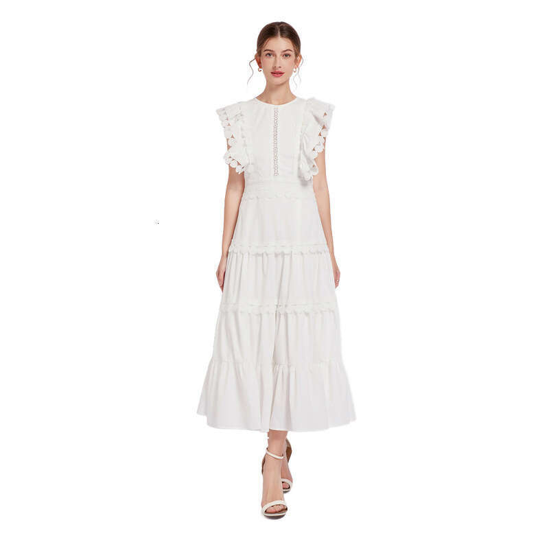 French Heavy Industry Embroidery Round Neck Flying Sleeves Waist Collection Design Solid Color Womens Dress A-line New Product Novelty Denim Dress Sil
