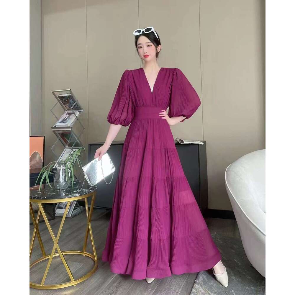 Vacation Seaside New Oversized Layered V-neck with Waist Cinching Temperament, Socialite Pleated Dress, Short Sleeved A-line Dress for Women Silk Dres