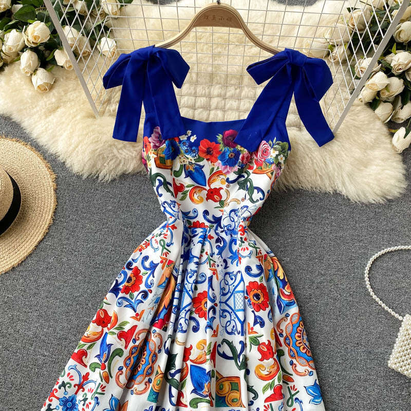 Light Luxury Small Socialite, High-end Clothing, Trendy Brand Printed Suspender Dress, Womens Summer Dress Self-cultivation Waist Loose BOHO DRESS SKI