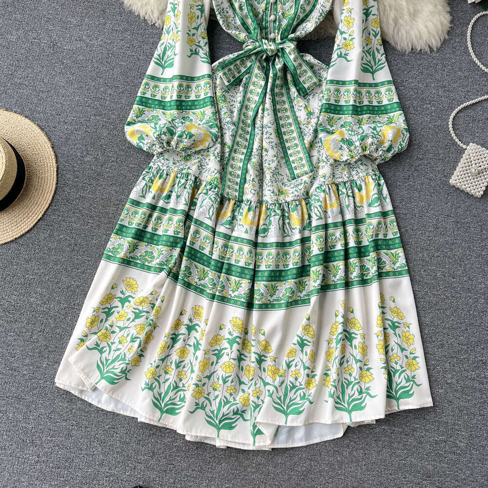 Spring Clothing New Printed Fashionable Ruffle Edge for Women with Waist Cinching and Straps, Large Swing Long Skirt Dress Temperament Silk Dress Lace