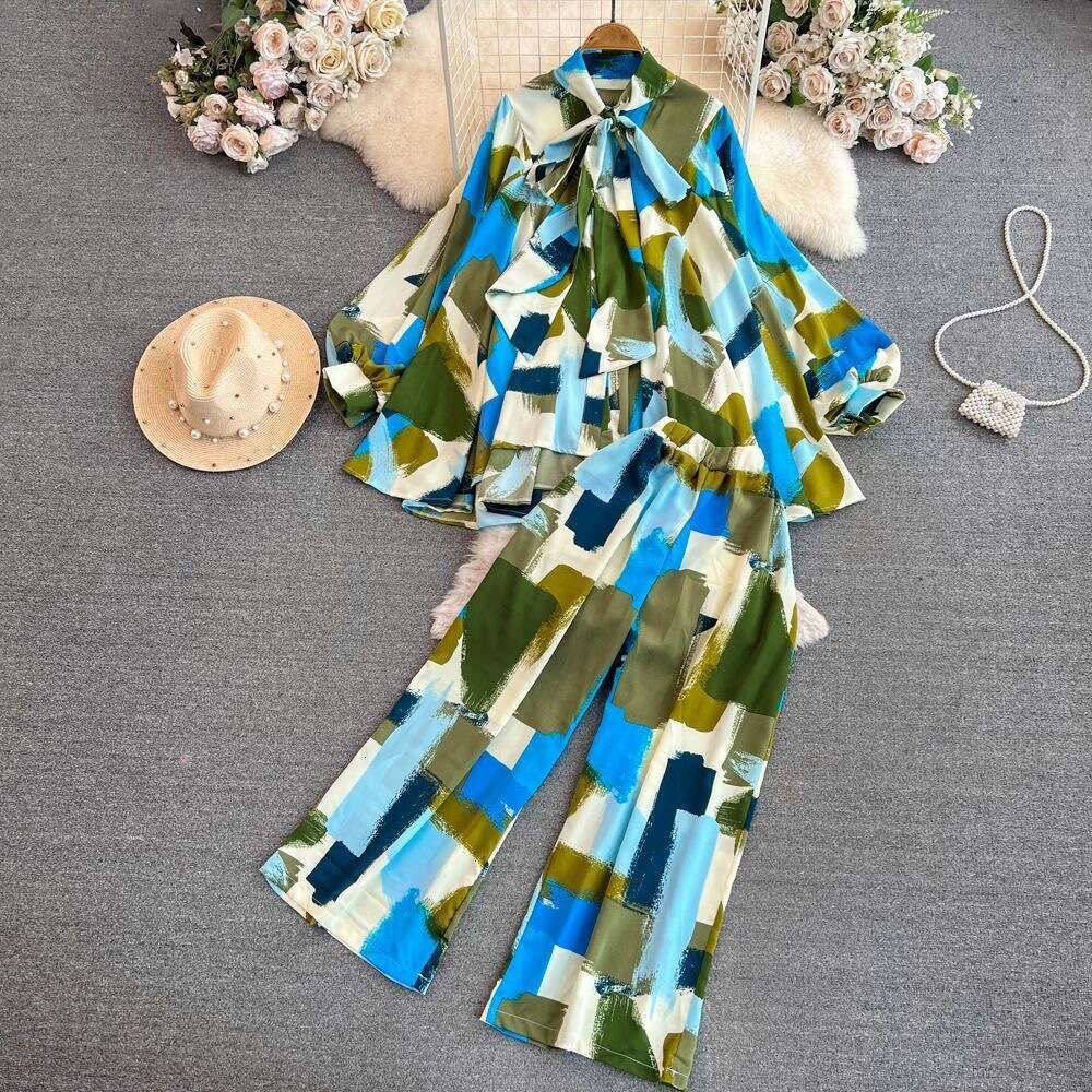 Fashion Womens Korean Version Lantern Long Sleeved Bow Tie Loose Printed Shirt Two-piece Set with High Waisted Wide Leg Pants Round Neck Dress High Wa