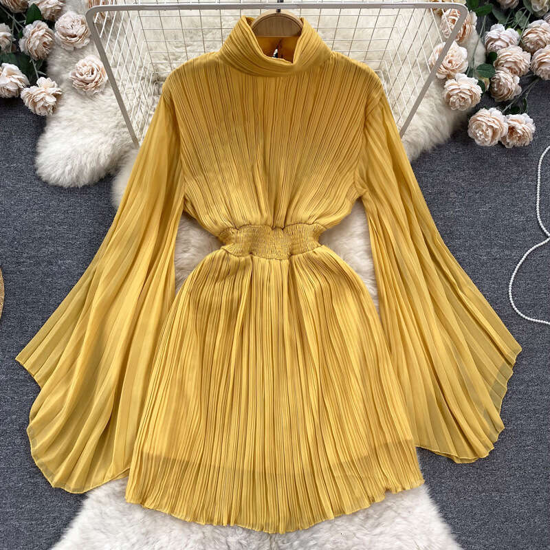 High End Pleated Flared Sleeves High Necked Dress for Womens Spring/summer French Light Luxury, Niche Design, Waist Cinching Chiffon Skirt Silk Dress