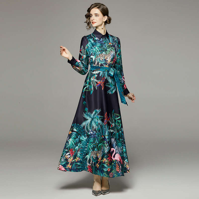 Womens Spring Elegance Long Sleeved Fashion Versatile Waist Wrap for Slimming Positioning Printed Dress Muslim Temperament Oversize Dress Round Neck D