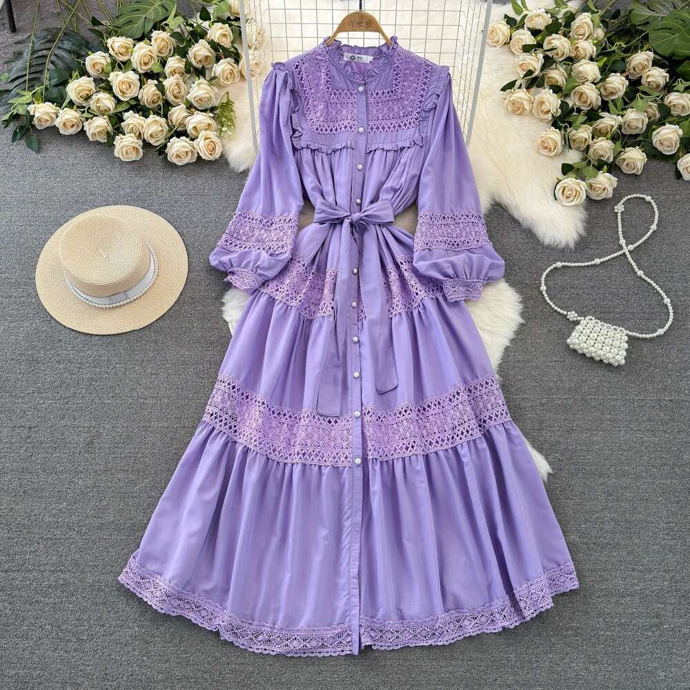High End, Light Luxury, Socialite Temperament, Lantern Sleeves, Long Sleeved Stand Up Collar, Waist Cinched, Slim A-line Hollow Dress Silk Dress