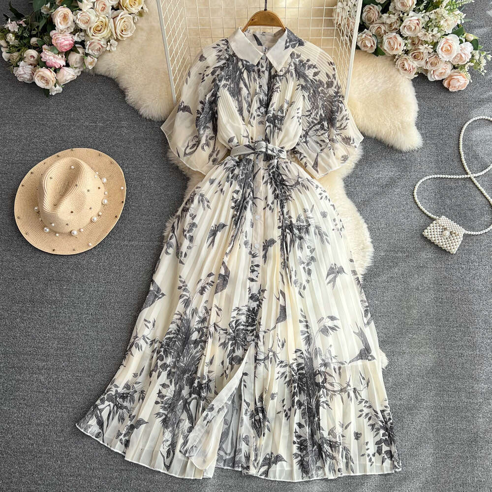 Light Mature Style, Short Sleeved Lapel with Waistband Slimming Effect, Single Breasted Printed Pleated Shirt Dress for Summer Loose Short Oversize Dr