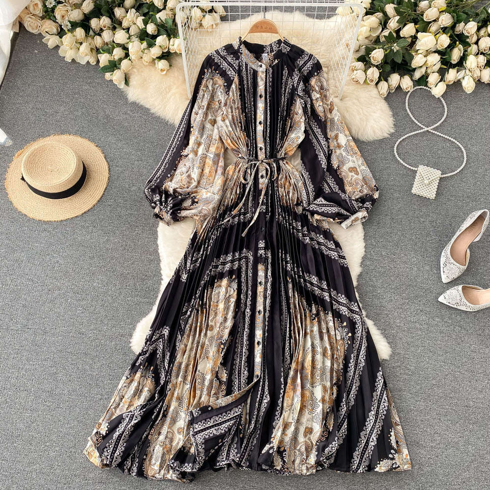 French Long Sleeved Shirt Dress with Temperament, Waist Cinching, Heavy Wrinkling, Elegant Printing, Socialite Vacation Skirt Loose Bifurcated High Wa