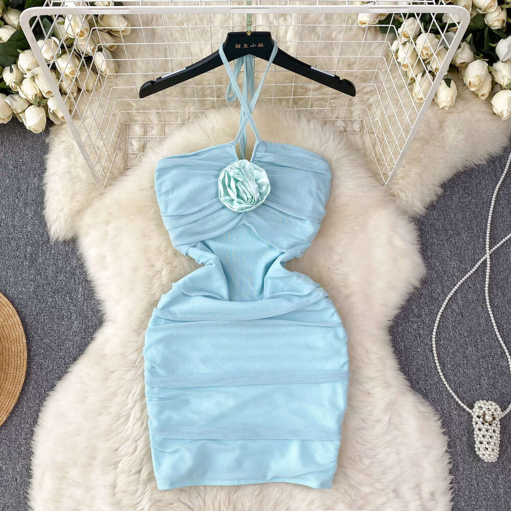 Hanging Neck Dress for Women in Summer, Three-dimensional Flower, Scheming, Pleated, Slim Fitting Style, Sexy Buttocks Wrapped Short Skirt, Trendy Dre