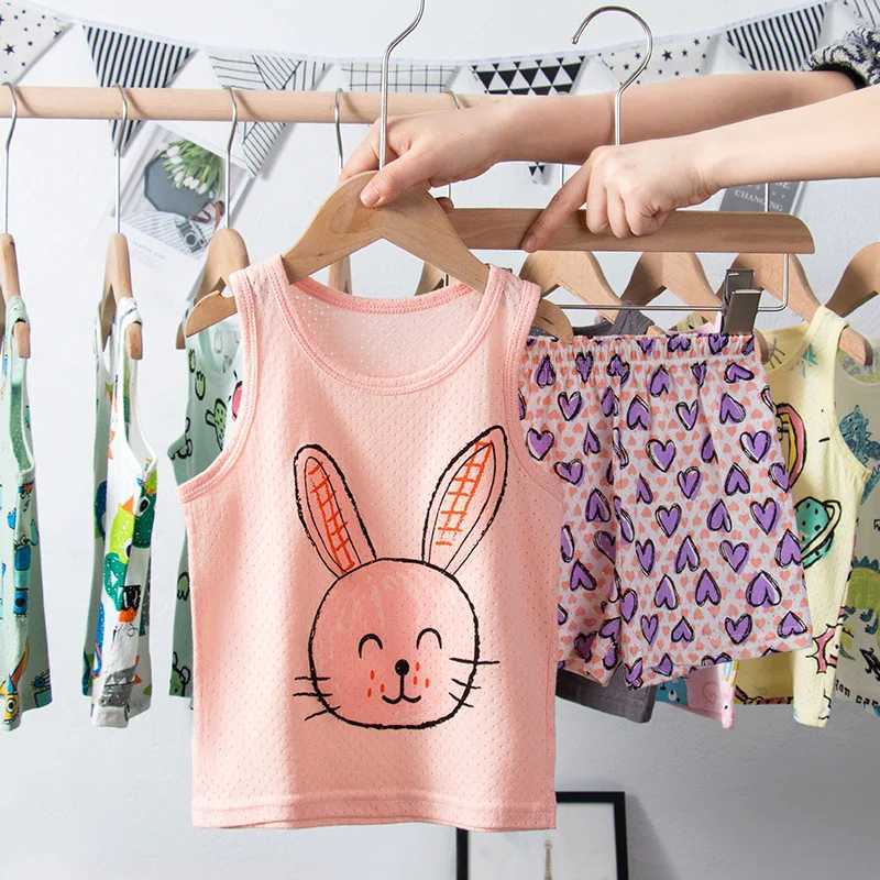 Cat pajamas for girls cotton summer clothes sleeveless children aged 1 to 9 lounge for boys dinosaur car printed pajamasW240716