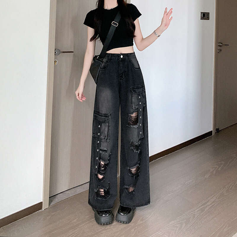 ~black Multi Pocket Ripped Workwear Jeans for Women's Summer New High Waisted Straight Leg Pants Super Elasticity Pants Trousers Cartoon Gold Vel