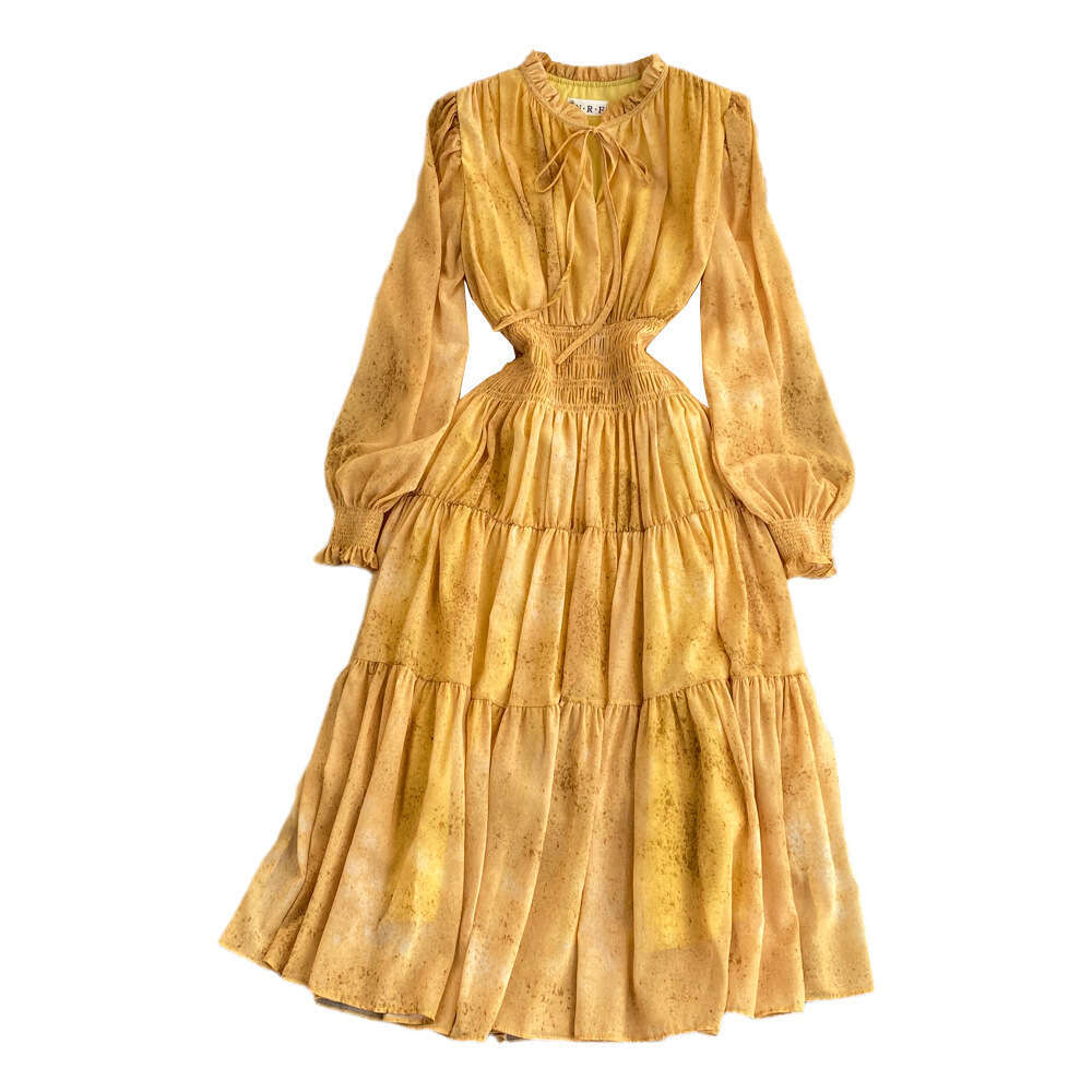 French Tea Break Skirt High End, Light Luxury Style, Wooden Ear Edge Standing Collar, Long Sleeves, Waist Wrapped, Slim A-line Dress Lace Dress Oversi