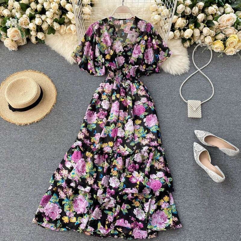 T Typhoon Beautiful Dressv Neck Ruffle Edge High Waist Slim Fit Large Hem Printed Fairy Dress Loose Sexy Waist Bifurcated Short Round Neck Dress SKINN