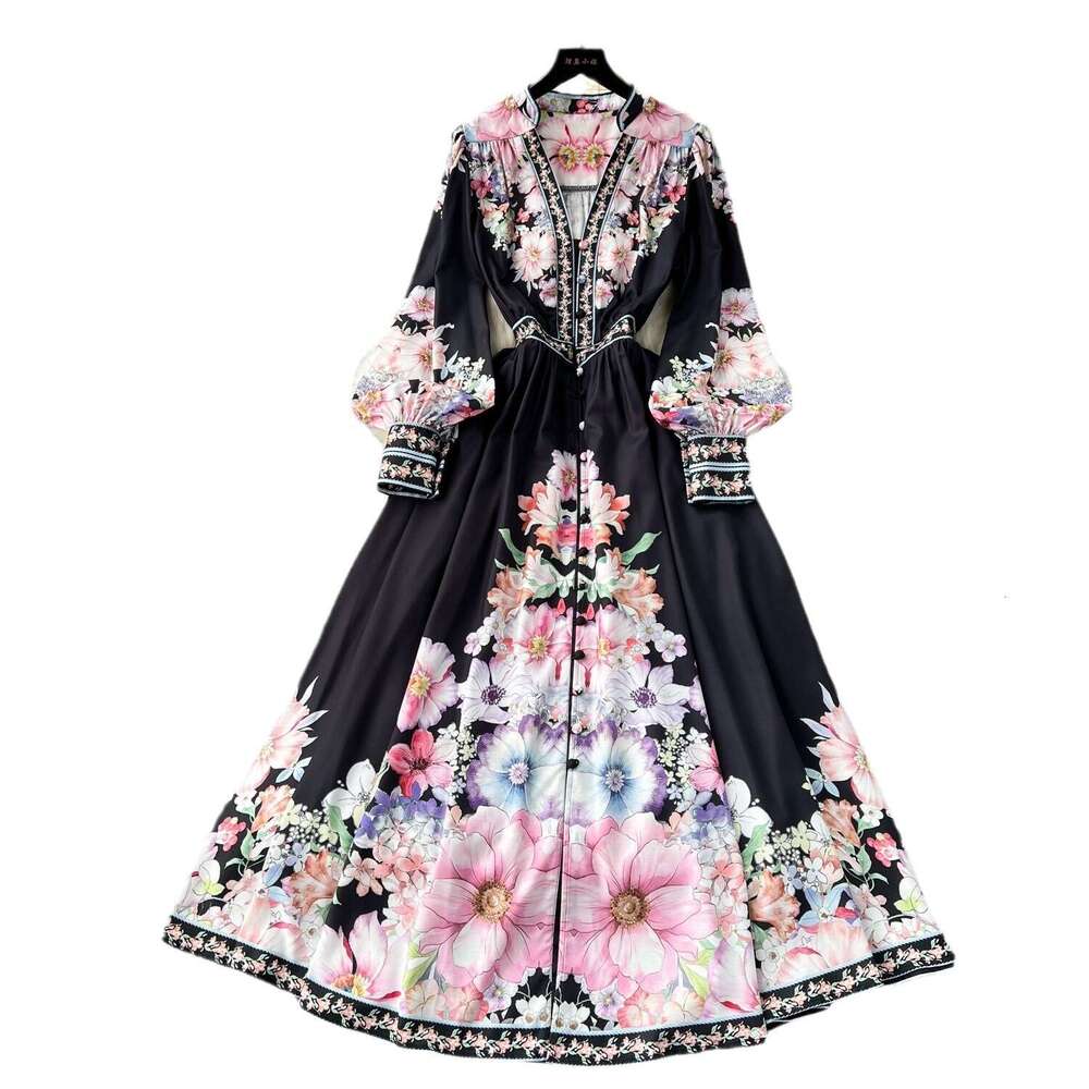 Early Spring New French Printed Button Slim Fit Long Fashionable Bubble Sleeves with Elegant Dress Sexy Loose Bifurcated Novelty Waist Oversize Dress