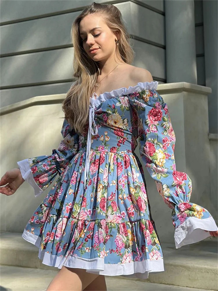 Tossy Ruffled Printed LaceUp Mini Dress Womens VNeck Patchwork High Waist Bandage Fashion Backless Ladies Summer 240712