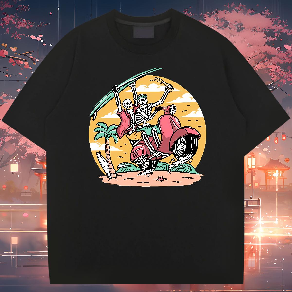 Fashion Designer Mens T Shirts Skeleton 230g Cotton Black White Beach Men Tees Breathable Crew Neck Loose Fit