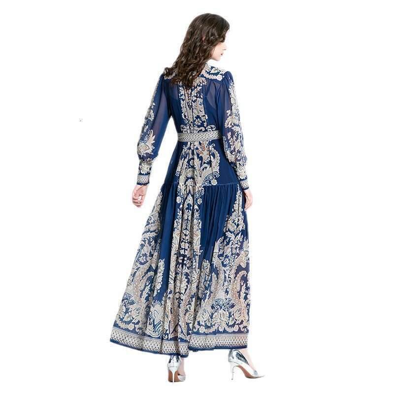 2023 Spring Long Sleeved Vacation Style Stand Up Neck Lantern Sleeves Wave Edge Printed Temperament Dress Sexy Dress Sexy Temperament Waist Oversize D