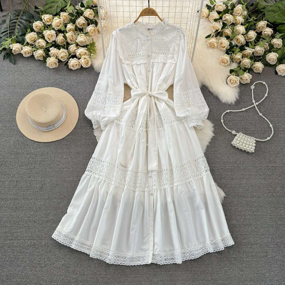 High End, Light Luxury, Socialite Temperament, Lantern Sleeves, Long Sleeved Stand Up Collar, Waist Cinched, Slim A-line Hollow Dress Silk Dress