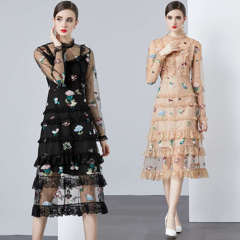 Palace Style in 2024, New Sweet Lace and Wood Ear Trim Slim Fit Fairy Dress for Women Polka Point Chiffon Long Sleeve Dress Short Temperament BOHO DRE