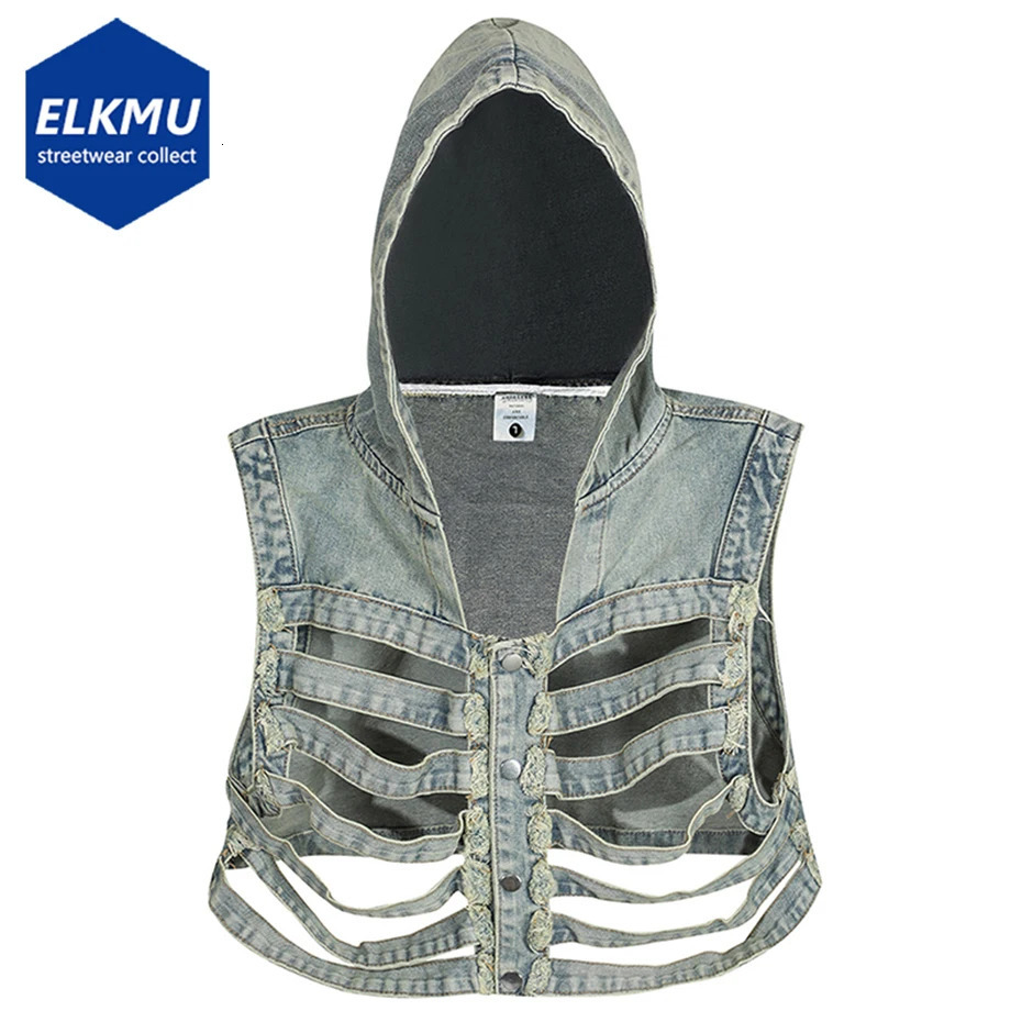 Skeleton Hooded Denim Vest Men Techwear Darkwear Blue Black Jeans Vests Streetwear Harajuku Hip Hop Vest Y2K Tops 240710