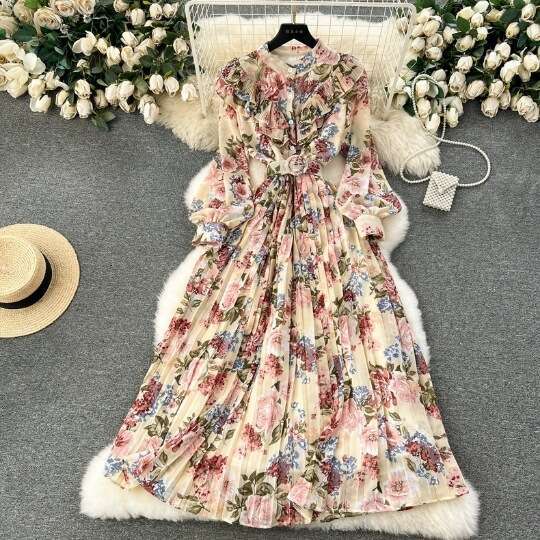 2024 Spring New Sweet Lotus Edge Slim Fit Mid Length Fragmented Chiffon Pleated Tea Break Skirt French Holiday Girl Sexy Round Neck Dress Pregnant Wom
