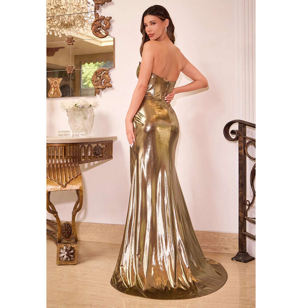 Dress Sexy Prom Sleeveless V-Neck Golden Pleat Or Length Backless Sweep Train High Split Evening Gown Fashion Vestidos 2024 6660306