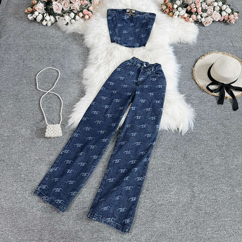 Fashion Womens American Style, Strapless Denim Vest, Two-piece Set, Casual High Waisted Slim Straight Pants Bifurcated Waist Silk Dress Denim Dress