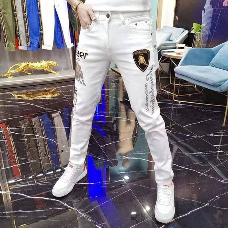 MIKEJIE Fashion 2023 Spring and Summer Tide Brand White Jeans Trend Taurus Hot Drill Embroidery Stretch Slim Men's Pants