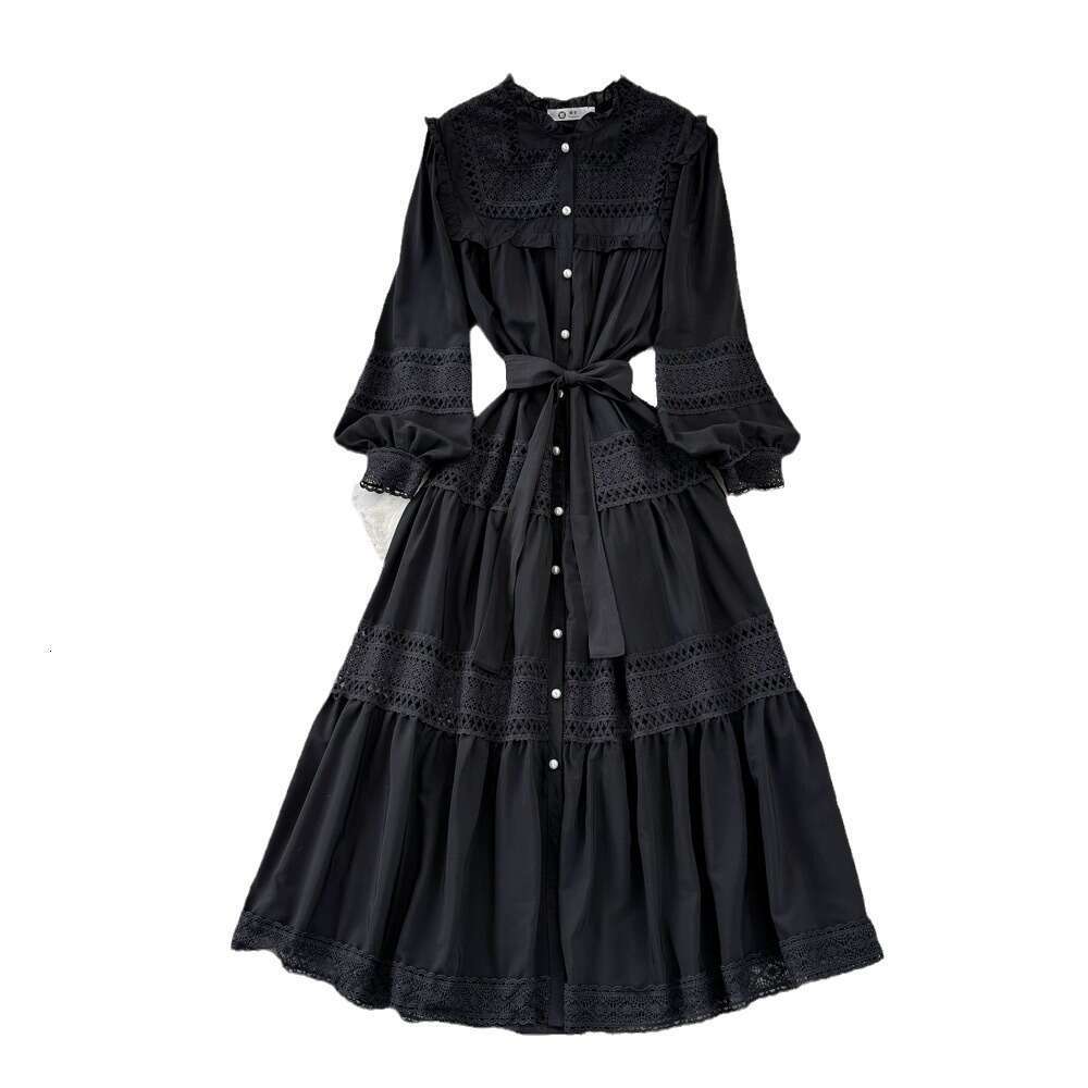 High End, Light Luxury, Socialite Temperament, Lantern Sleeves, Long Sleeved Stand Up Collar, Waist Cinched, Slim A-line Hollow Dress Silk Dress