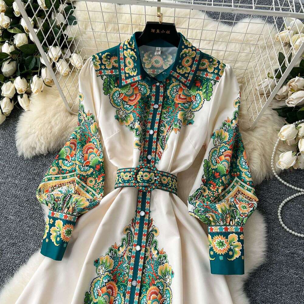 High End Formal Dress, Elegant and Fashionable Palace Style, Printed Waist Cinching Single Breasted Large Swing French Dress Loose BOHO DRESS Round Ne