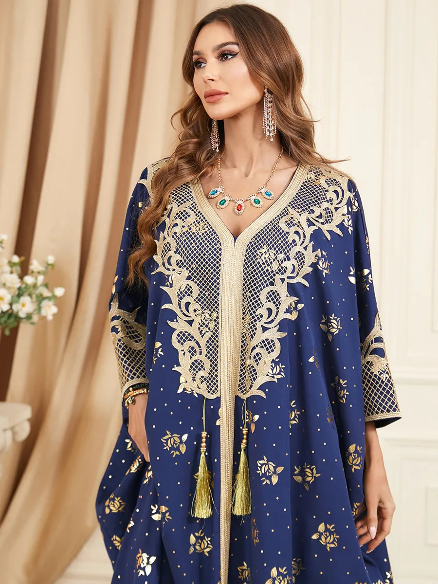 Muslim Sets Dubai Abayas for Women Hijab Dress Islam Kaftan Loose Robe Femme Stitching Bat Sleeve Tassel Evening Maxi Dresses 240715