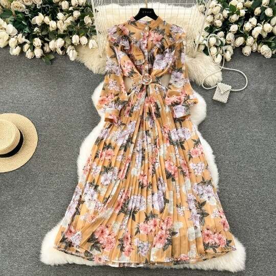 2024 Spring New Sweet Lotus Edge Slim Fit Mid Length Fragmented Chiffon Pleated Tea Break Skirt French Holiday Girl Sexy Round Neck Dress Pregnant Wom