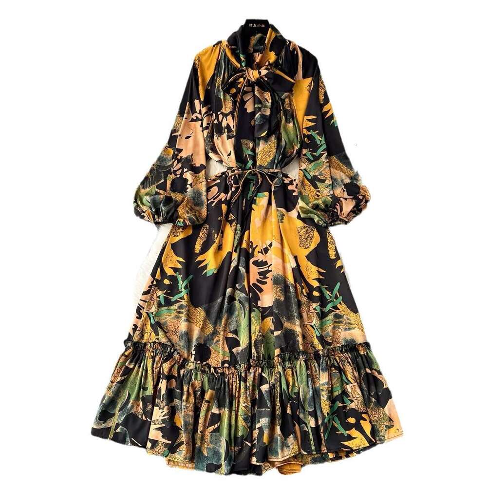 Gentle Style Tea Break Skirt with A High-end Feeling, Bow Tie, Lantern, Long Sleeves, Waist Cinching, Slim and Ruffled Edge Dress for Women Silk Dress