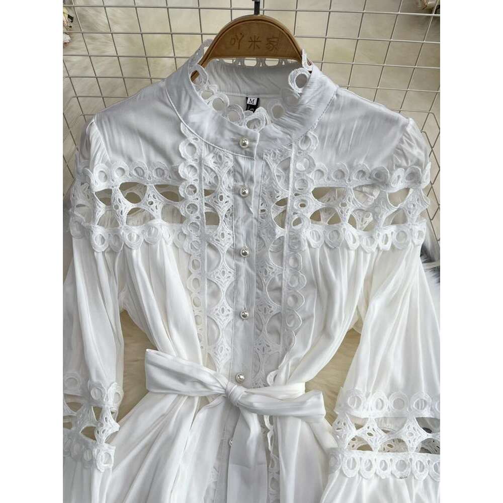 Palace Style Lantern Sleeved Standing Collar with Waistband, A-line Hollow Single Breasted Elegant Dress, Long Skirt Sexy Bifurcated SKINNY DRESS