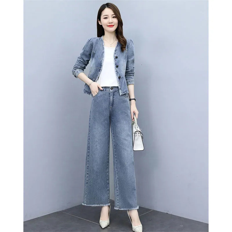 Women Denim 2 Piece Sets Women Outfit Spring Autumn Casual Long Sleeve Jean Jacket Elastic Waist Wide Leg Jeans Pants Suit 4XL 240715