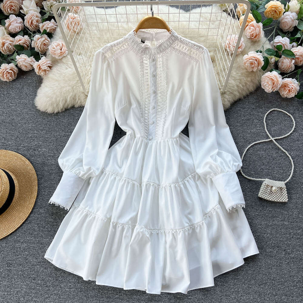 2023 Spring New Instagram Korean Edition Solid Color Long Sleeved Single Breasted Ruffle Edge Shirt Dress Loose Bifurcated Sexy Round Neck Dress