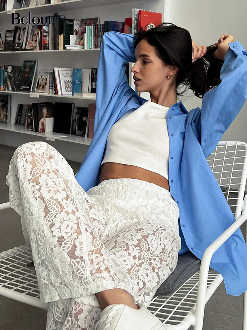Bclout Fashion White Lace Flower Pants Women 2024 Spring Cotton Transparent Sexy Long Trousers Elegant Thin Wide Leg Pants Chic 240715