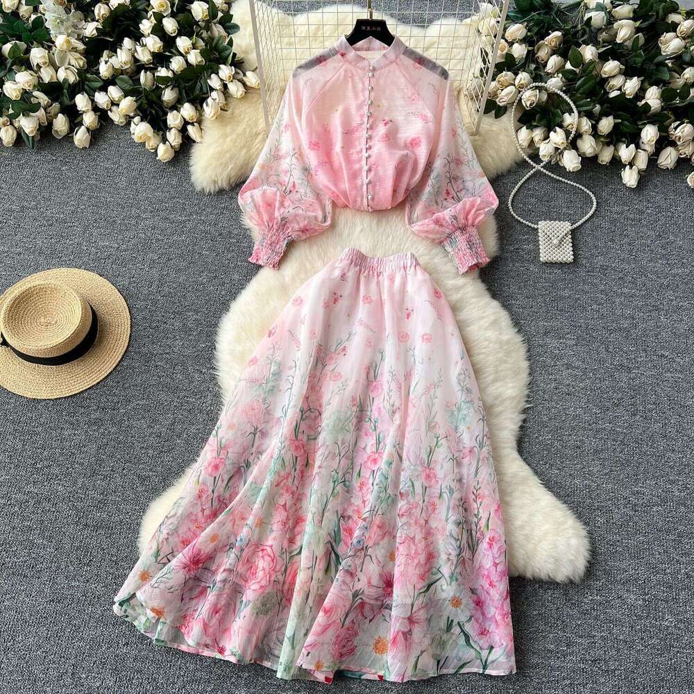 Wind Two-piece Set, Elegant Lantern Sleeve Buckle Slim Fit Top, High Waisted Printed Mesh Skirt Set Sexy Loose Bifurcated Pregnant Womens Dress BOHO D