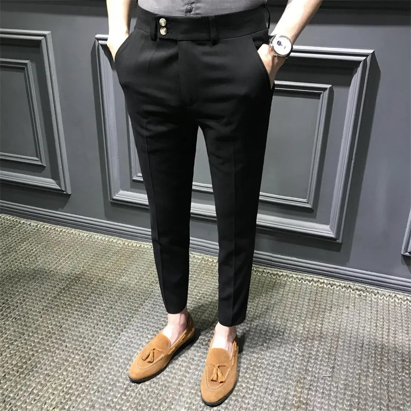 Mens Fashion Slim Fit Comfortable Ankle Length Suit Pants Casual Elastic Soild Small Foot Nine Point Pants Commuting Wear 240715