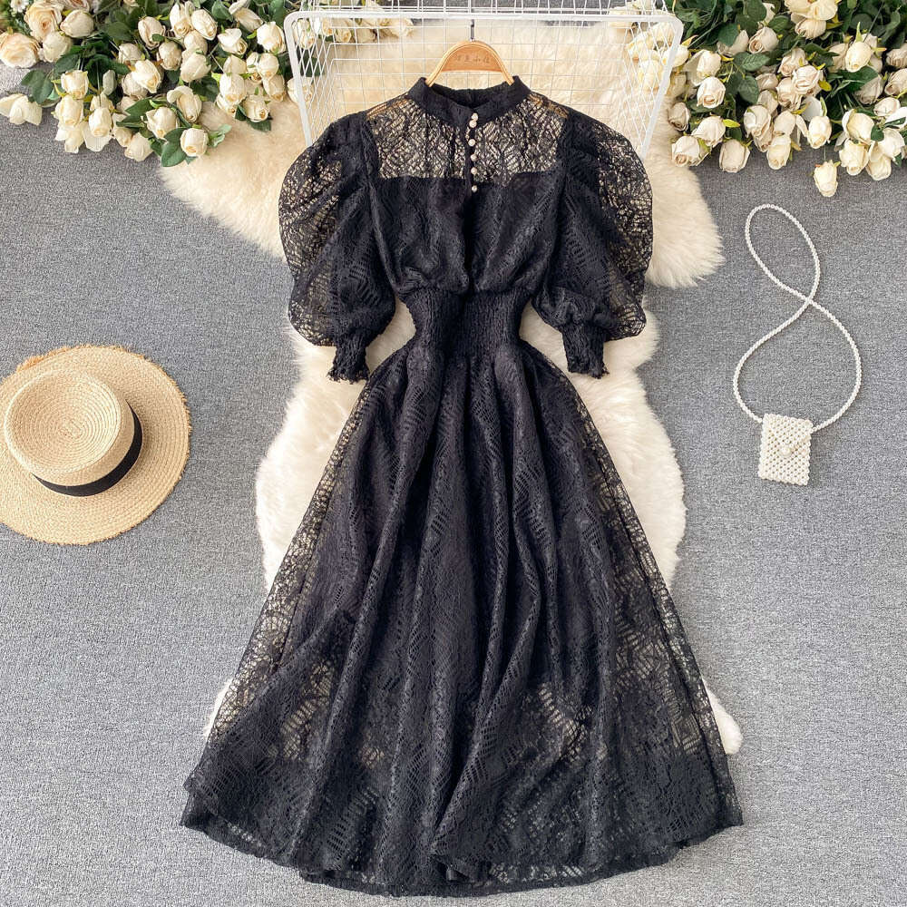 Court Elegant Lace Feminine Style Standing Neck Waist Slim Bubble Sleeves Luxury Feeling Over Knee Long Dress Sexy Dress Short Self-cultivation Silk D
