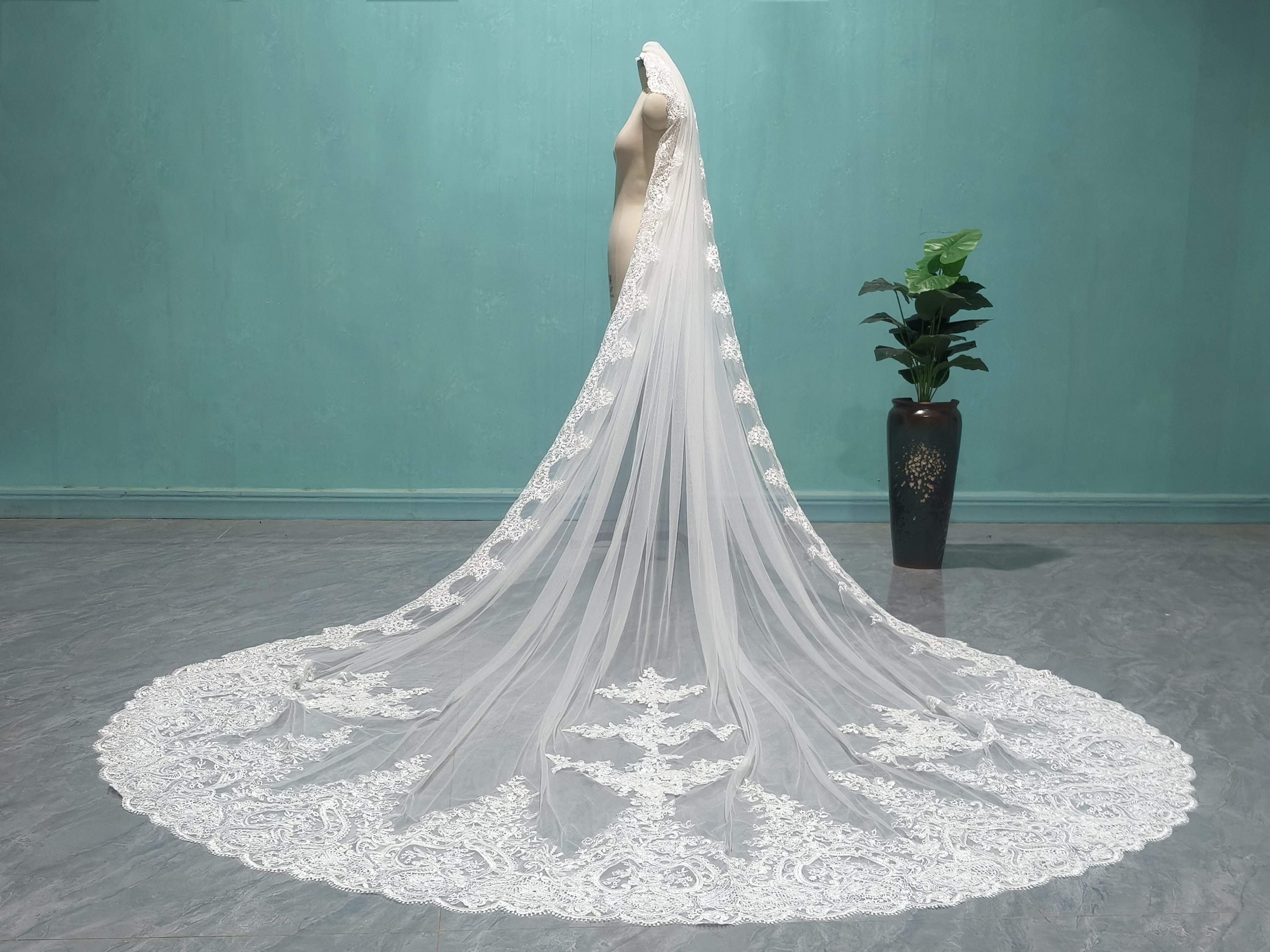 Gorgeous Wedding Veil Appliques Lace Embroidery Long Royal Bridal Veil Cathedral Special Cut with Comb Veil 3M White Ivory Wedding Accessories