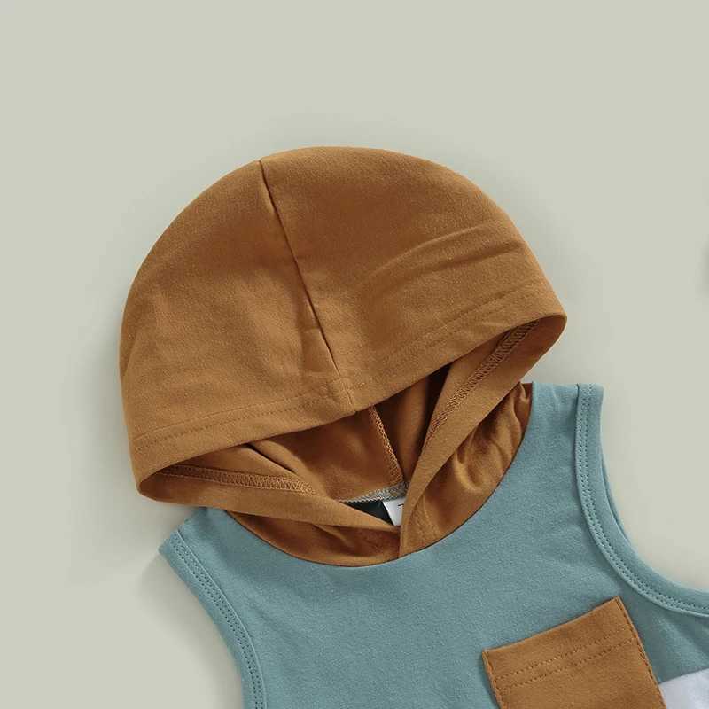 Clothing Sets Kid Baby Boys Summer Clothes Outfits Contrast Color Hooded Sleeveless Pocket Tank Tops and Solid Color Shorts 2Pcs Suit