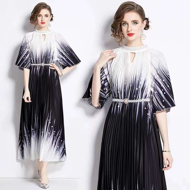 European Oversized Womens Clothing, High-end Printing, Heavy-duty Beaded Long Dress, Pleated Skirt, Temperament Dress for Women Waist Denim Dress SKIN