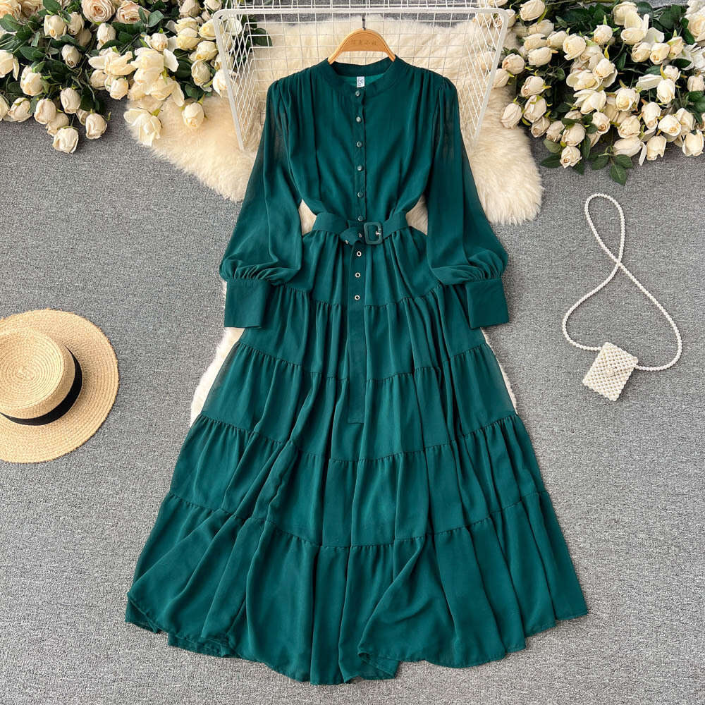 Spring New V-neck Single Breasted Chiffon Dress for Women French Style Waist Up Slimming and Large Hem A-line Long Skirt, Trendy Lace Dress Round Neck