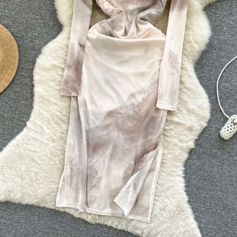 New Spring Style Square Neck Slim Fit Mid Length Knee Skirt Small and Irregular Halo Dyed Long Sleeve Dress Sexy Temperament Denim Dress