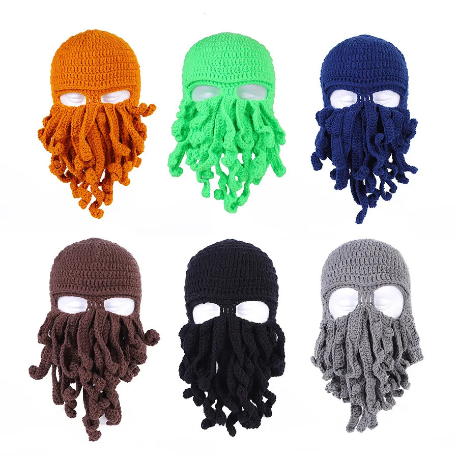 Octopus Hat Squid Mask Funny Winter Warm Knit Beard Hat Skiing Biking Accessories Gifts for Men Women Kid Red 240715