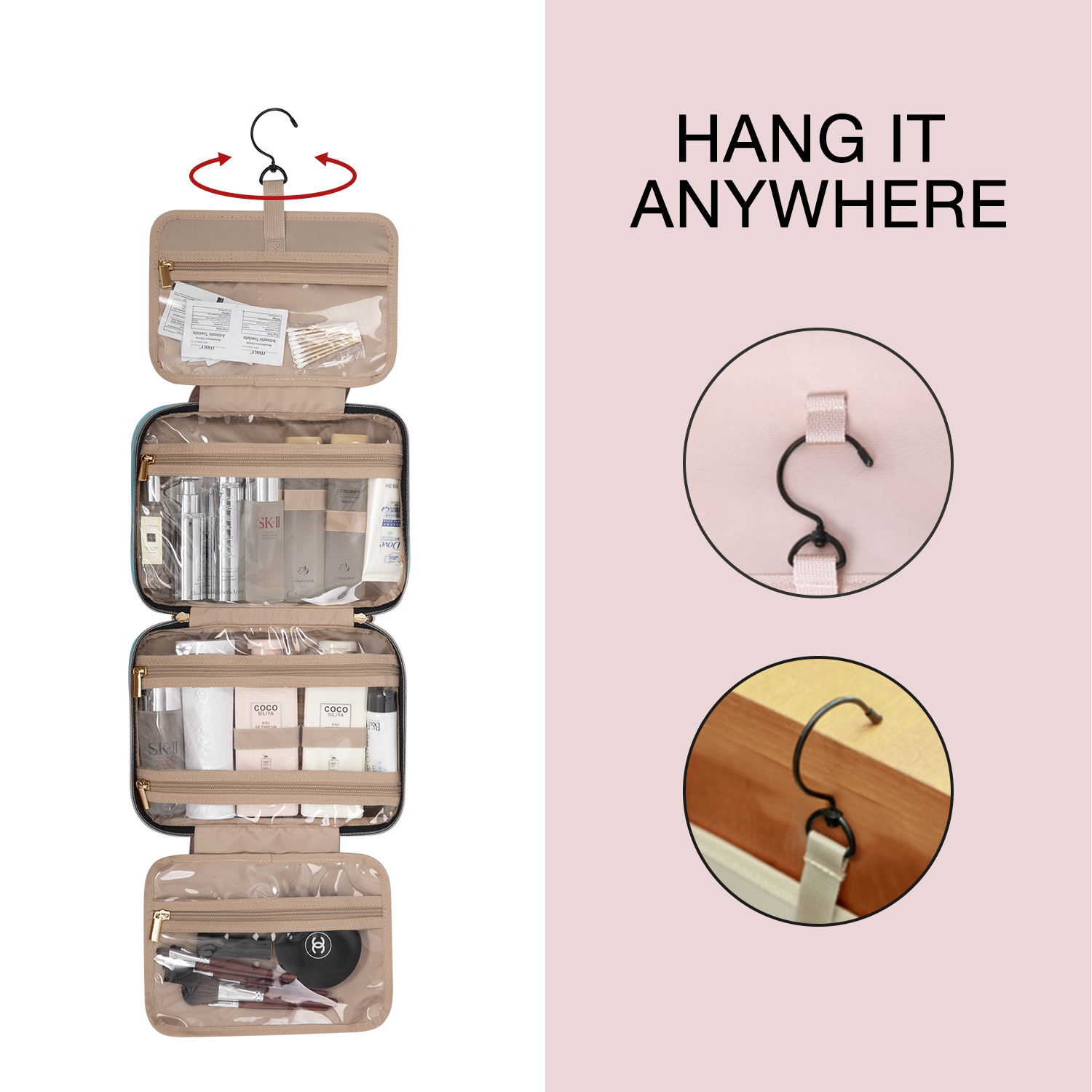 BAGSMART Toiletry Bag with Hanging Hook Water-resistant Makeup Bag Travel Organizer for Shampoo Full Sized Container Toiletries