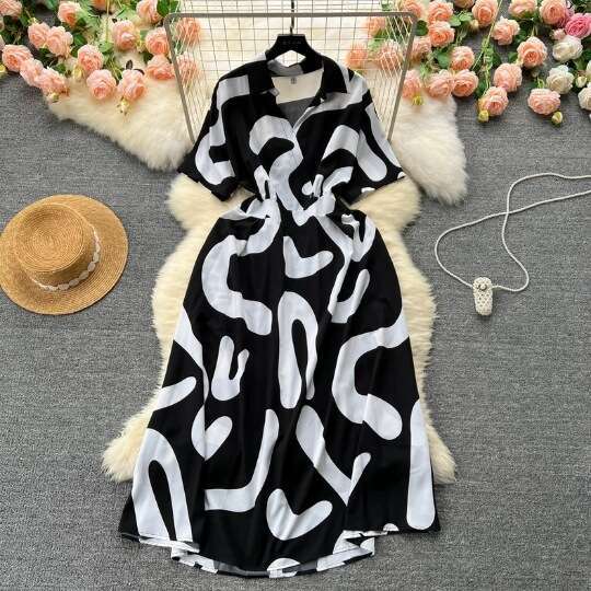 Summer New Tea Break French Style Waist Wrap for Slimming Elegance Short Sleeved Printed Vacation Womens Dress Loose Novelty Sexy Bifurcated Round Nec