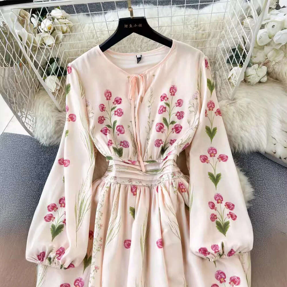 Noble Temperament, Sleeved Positioning Print, Waist Cinching, Large Hem Dress, High-end Feeling, Slimming French Long Skirt Novelty Loose Denim Dress