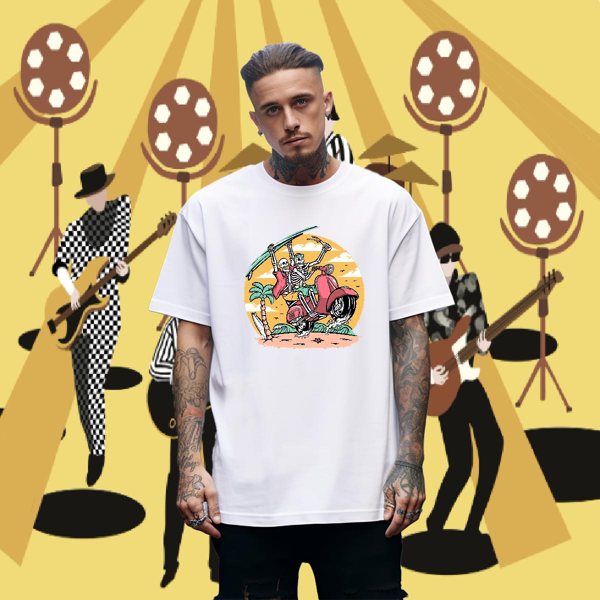 Comfortable Men Tshirts Skeleton 230g Cotton Breathable Crew Neck Hip Hop T Shirts Men Anime Print Casual New Wear